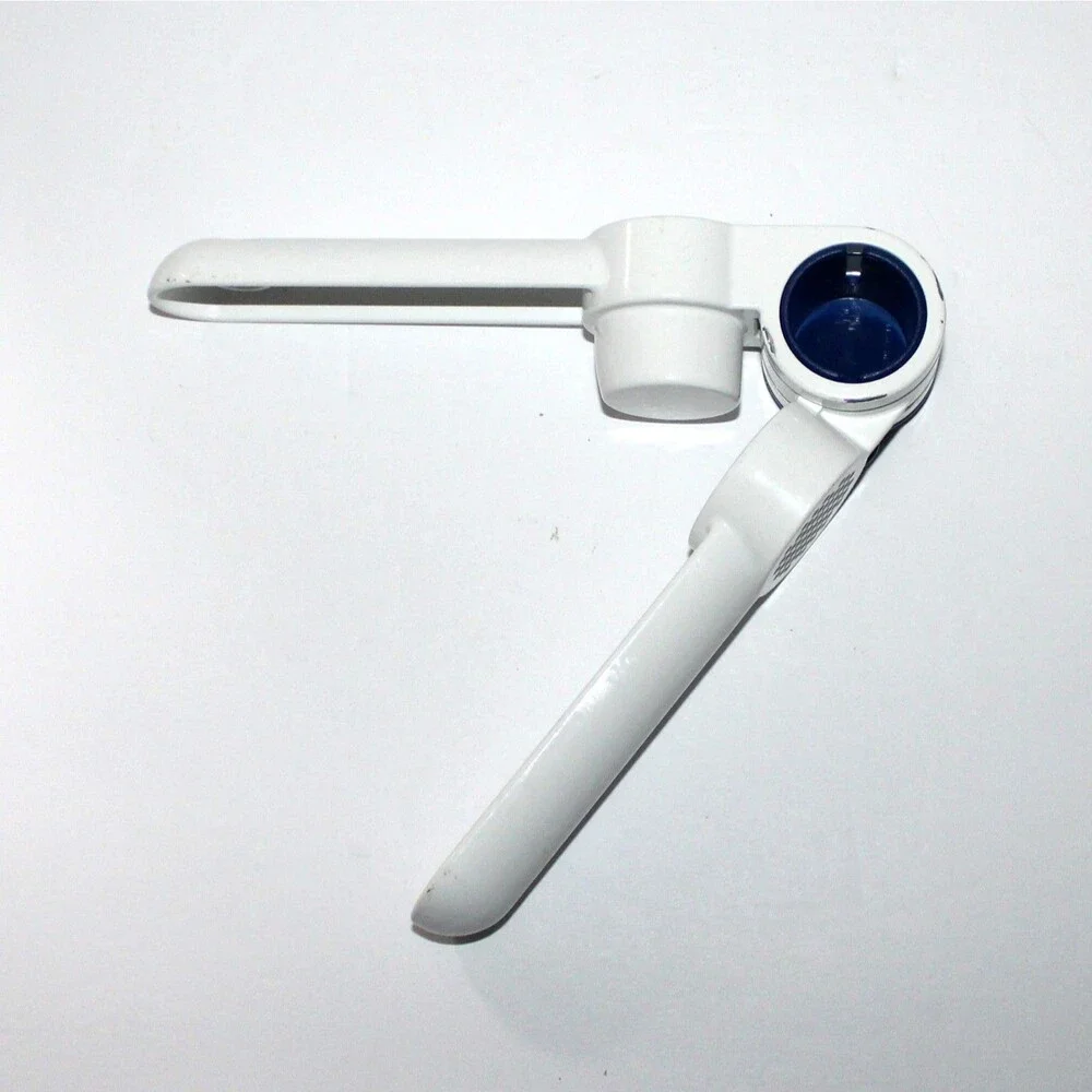 Tupperware Garlic Press with blue cleaning tool metal enamel white retro